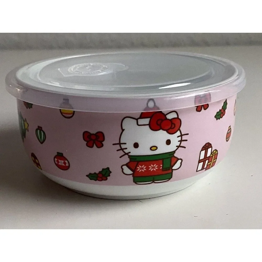 Hello Kitty Christmas Pressure Lid Ceramic Food‎ Storage Bowl Pink MEDIUM NEW